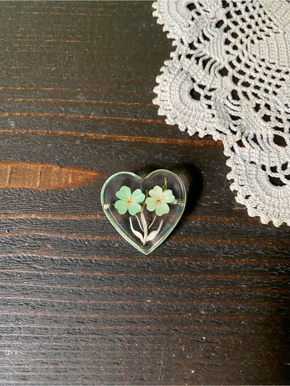 Handmade Heart Resin Paperweight with Preserved Pale Green Flowers